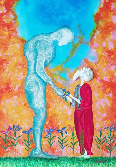 AI, (2026) Tecnica mista con volto in argilla sulla tela cm 70X100